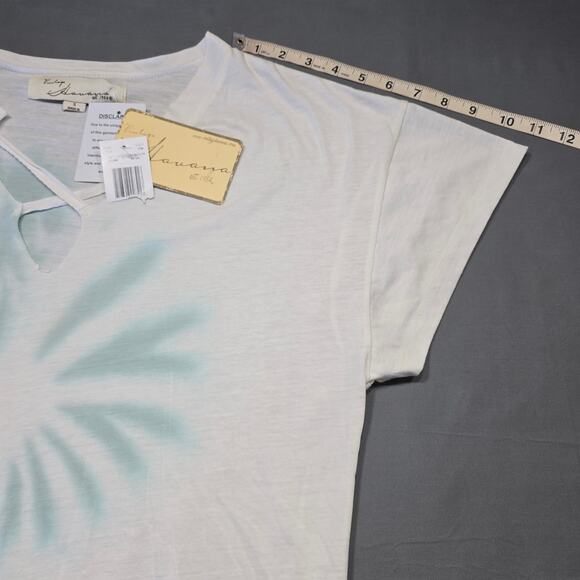 Vintage Havana White Blue Tie Dye Shirt NEW Classic Short Sleeves V-Neck Women S - Picture 12 of 13